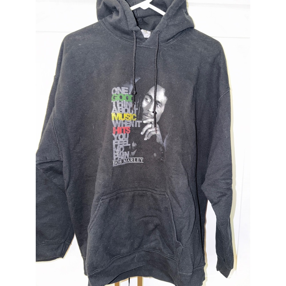 Zion Rootswear Bob Marley Black Graphic Hoodie One Good Thing About Music XL